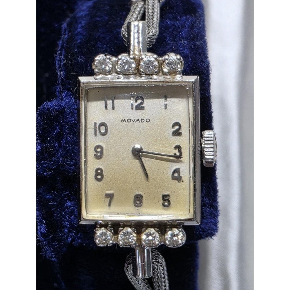 Vtg Movado 14K Solid White Gold 8Diamond Ladies Cocktail Watch 17 Jewels Running